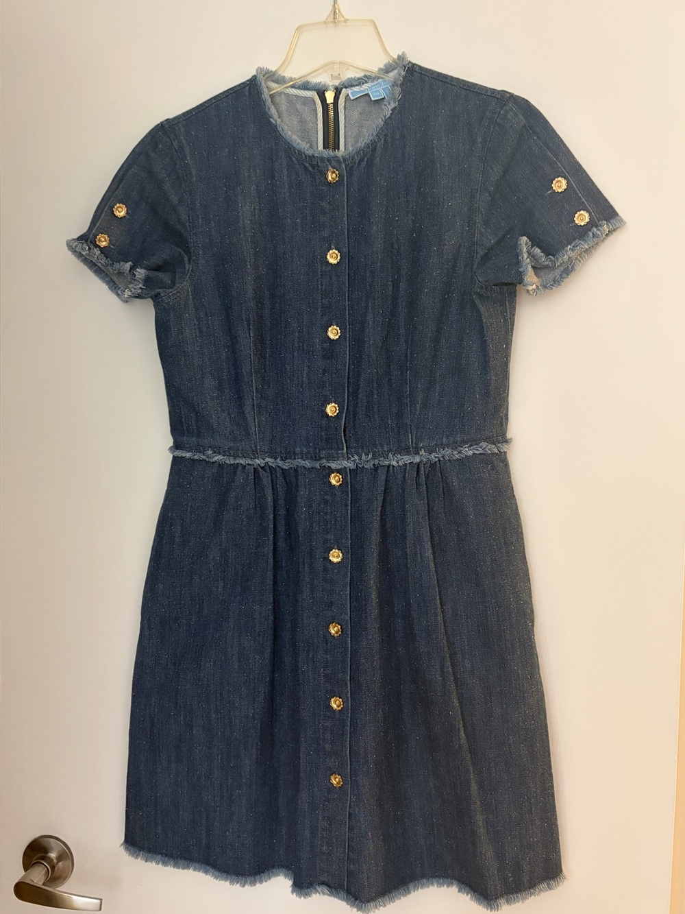 Draper James Blue Denim Dress with Frayed Trim and Gold Zipper